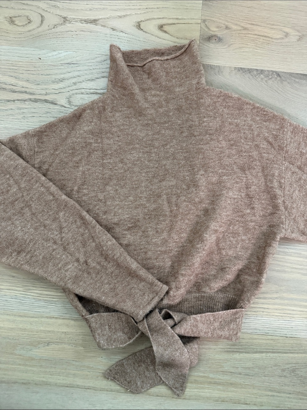 Wilfred Aritzia Cipria Turtleneck Tie Front Knit Sweater Heather Taupe Medium NW